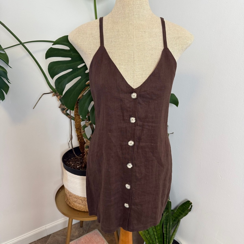 Reformation Brown Linen Button-Front Mini Dress